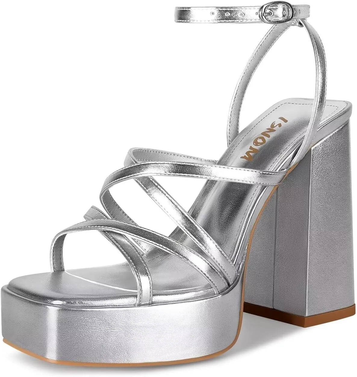 ISNOM Platform Chunky Heels for Women, Block Heel Sandals with Open Square Toe and Ankle Strap