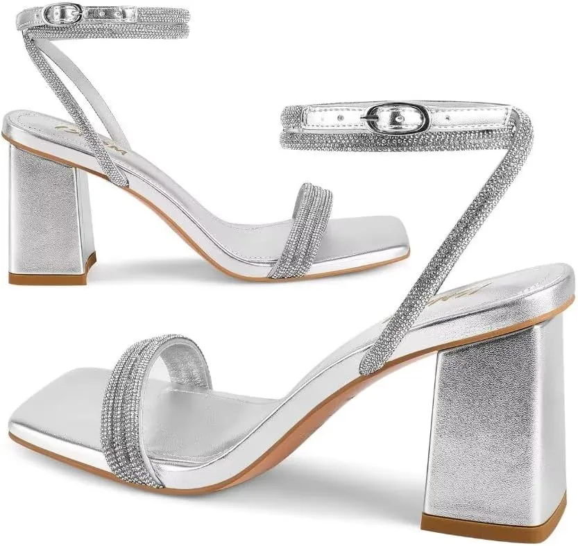 ISNOM Rhinestone Chunky Heels for Women, Square Open Toe Block Heeled Stylish and Comfortable