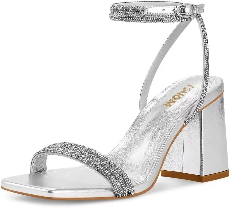 ISNOM Rhinestone Chunky Heels for Women, Square Open Toe Block Heeled Stylish and Comfortable