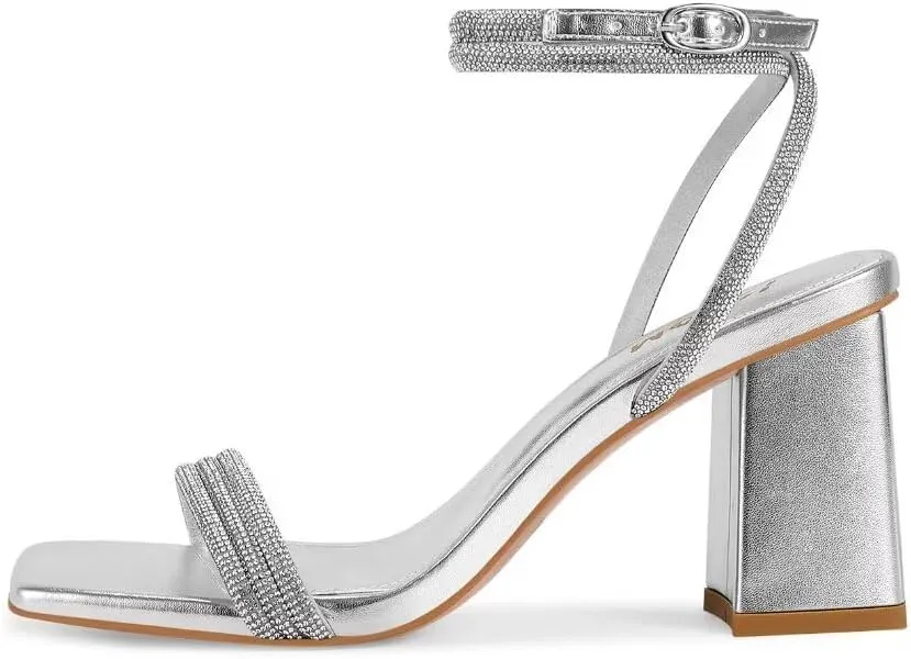 ISNOM Rhinestone Chunky Heels for Women, Square Open Toe Block Heeled Stylish and Comfortable