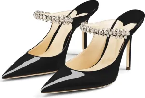 JANSEVEN Mules Flats For Women Closed Toe Flat Sandals With Rhinestone Pointy Slip On Patent Leather 4 Inches Bridal Wedding Shoes Sexy
