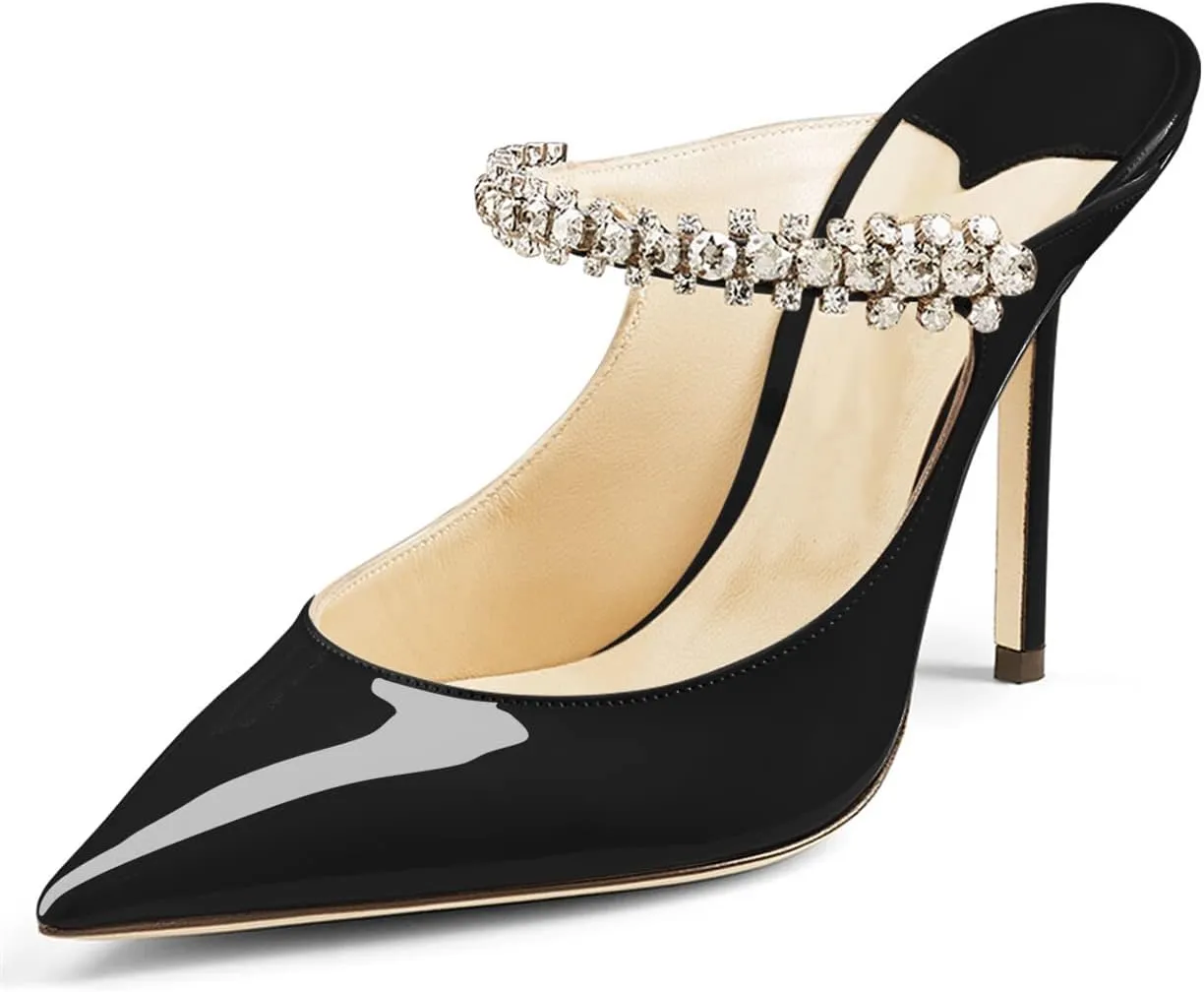 JANSEVEN Mules Flats For Women Closed Toe Flat Sandals With Rhinestone Pointy Slip On Patent Leather 4 Inches Bridal Wedding Shoes Sexy
