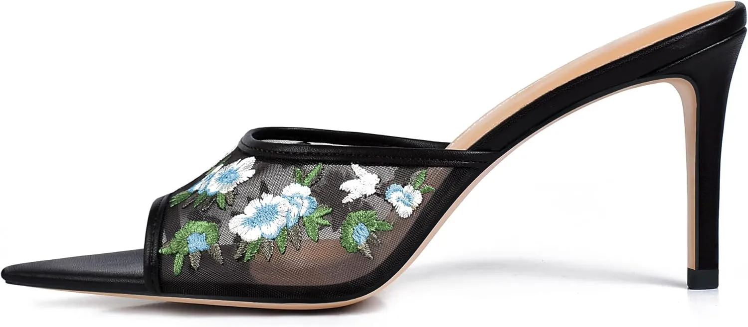 JANSEVEN Women Mesh Heeled Sandals Floral Mules Stiletto High Heels Embroidered Flowered Heels Open Pointed Toe Slip On Comfortable Fashion Dress Shoes