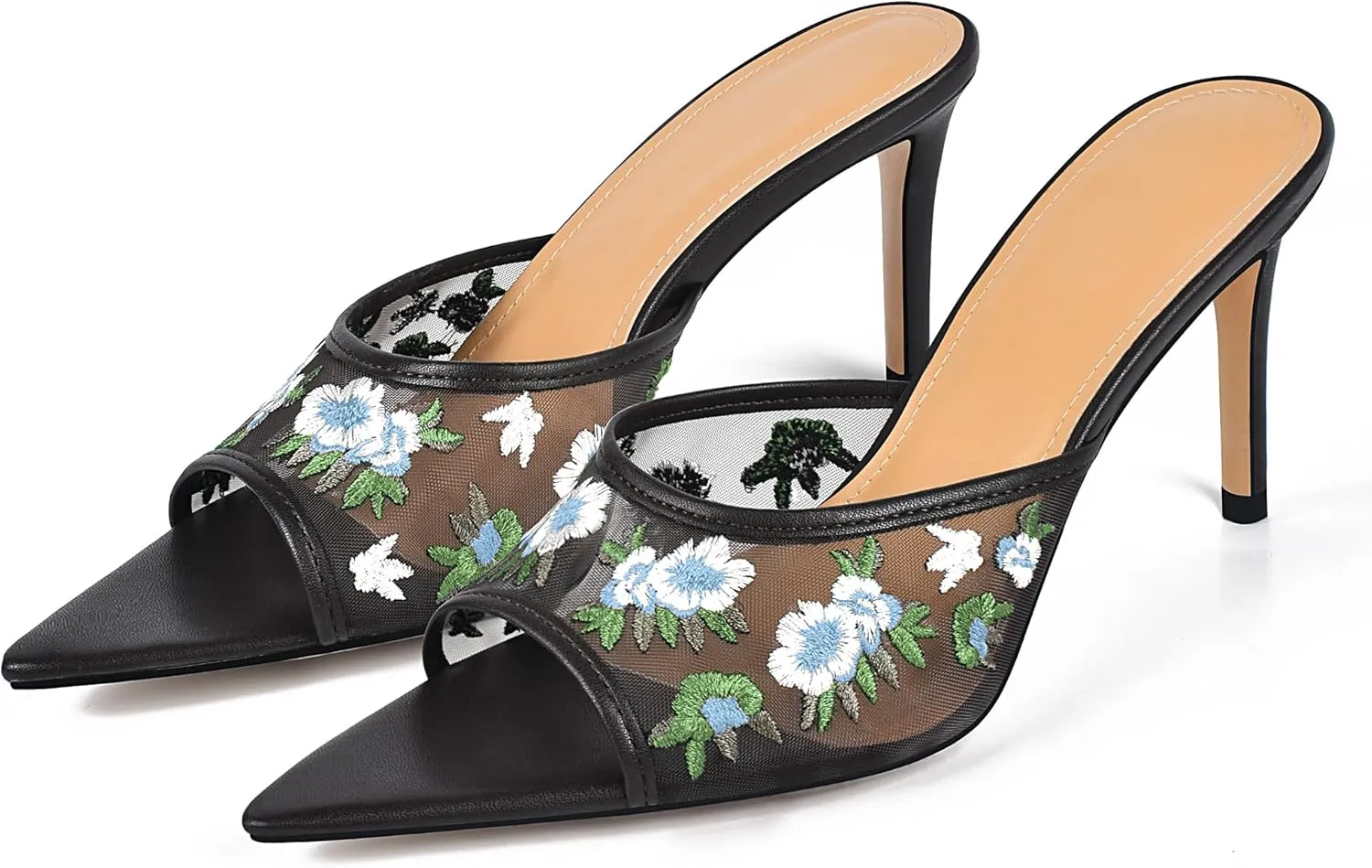 JANSEVEN Women Mesh Heeled Sandals Floral Mules Stiletto High Heels Embroidered Flowered Heels Open Pointed Toe Slip On Comfortable Fashion Dress Shoes