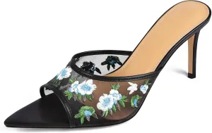 JANSEVEN Women Mesh Heeled Sandals Floral Mules Stiletto High Heels Embroidered Flowered Heels Open Pointed Toe Slip On Comfortable Fashion Dress Shoes
