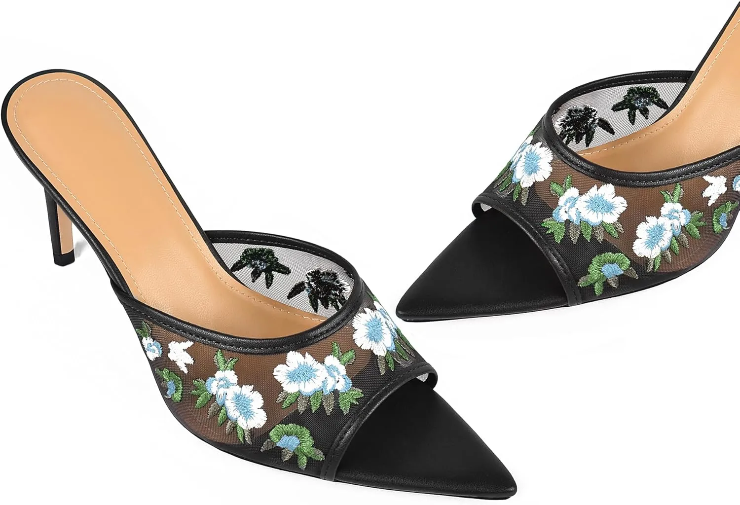 JANSEVEN Women Mesh Heeled Sandals Floral Mules Stiletto High Heels Embroidered Flowered Heels Open Pointed Toe Slip On Comfortable Fashion Dress Shoes