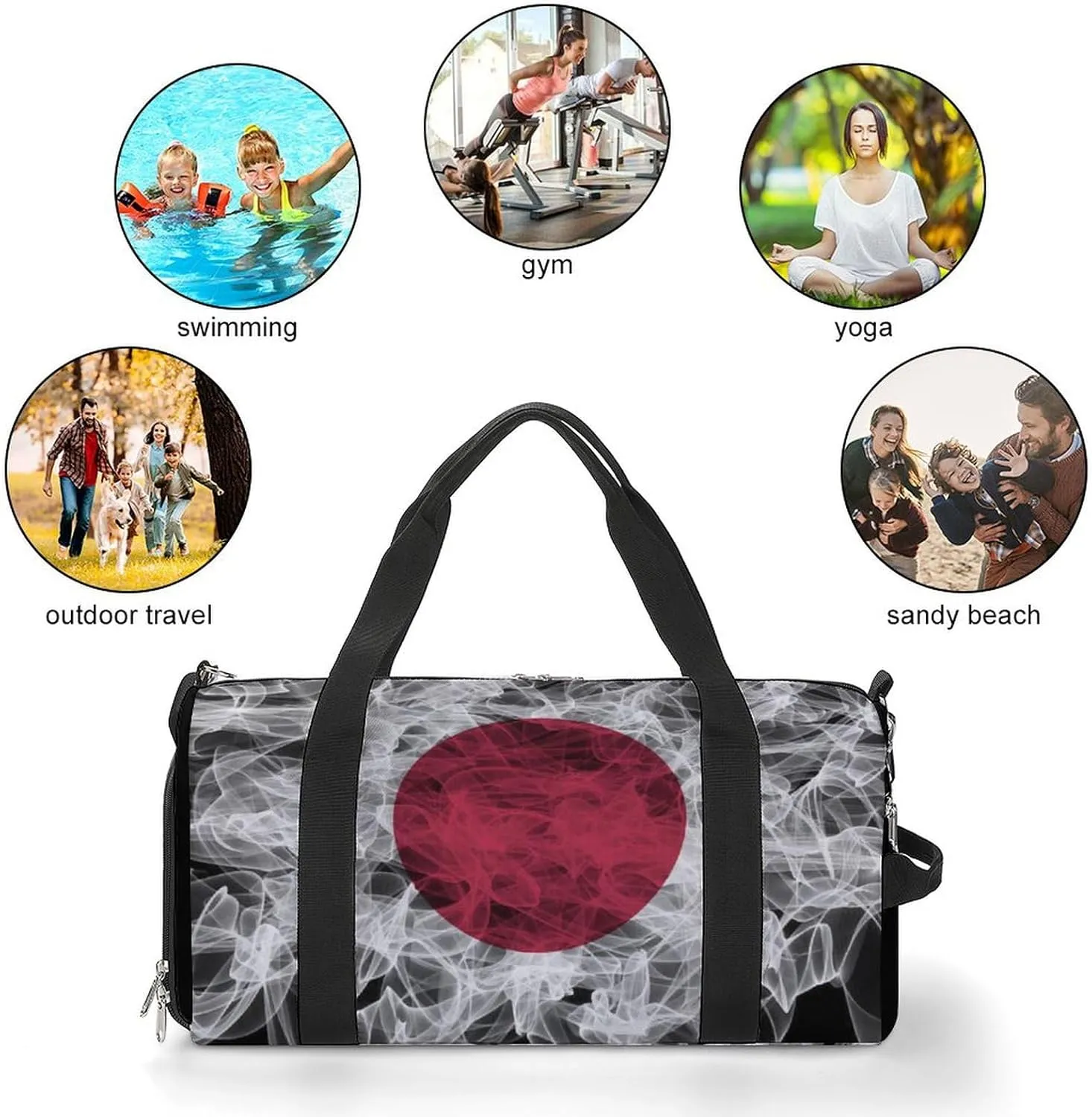 Japan Flag Smoke Style Travel Duffel Bag with Shoe Compartment for Gym Yoga Beach Weekender