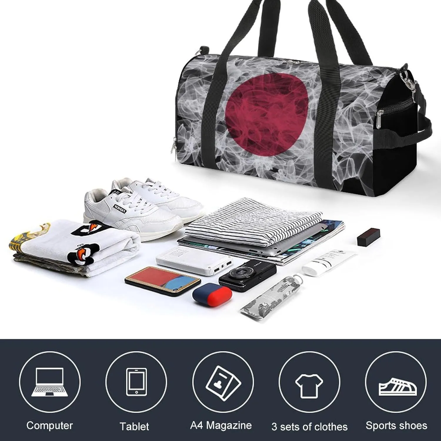 Japan Flag Smoke Style Travel Duffel Bag with Shoe Compartment for Gym Yoga Beach Weekender