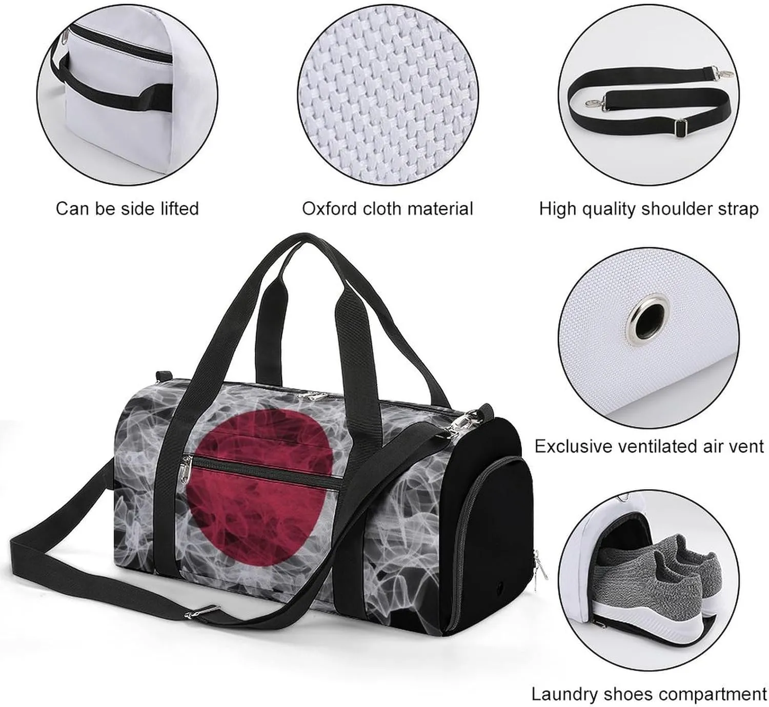 Japan Flag Smoke Style Travel Duffel Bag with Shoe Compartment for Gym Yoga Beach Weekender