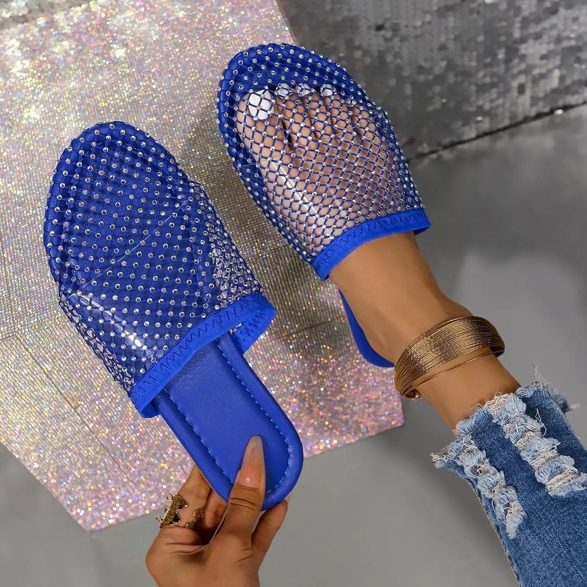 Jelly Mules for Women, Closed Toe Hollow Mesh Clear Slides Fishnet Flat Sandals Summer Beach Slip On Jellies Slippers