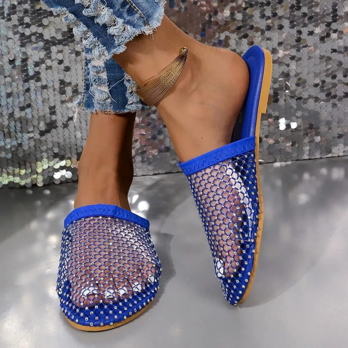 Jelly Mules for Women, Closed Toe Hollow Mesh Clear Slides Fishnet Flat Sandals Summer Beach Slip On Jellies Slippers
