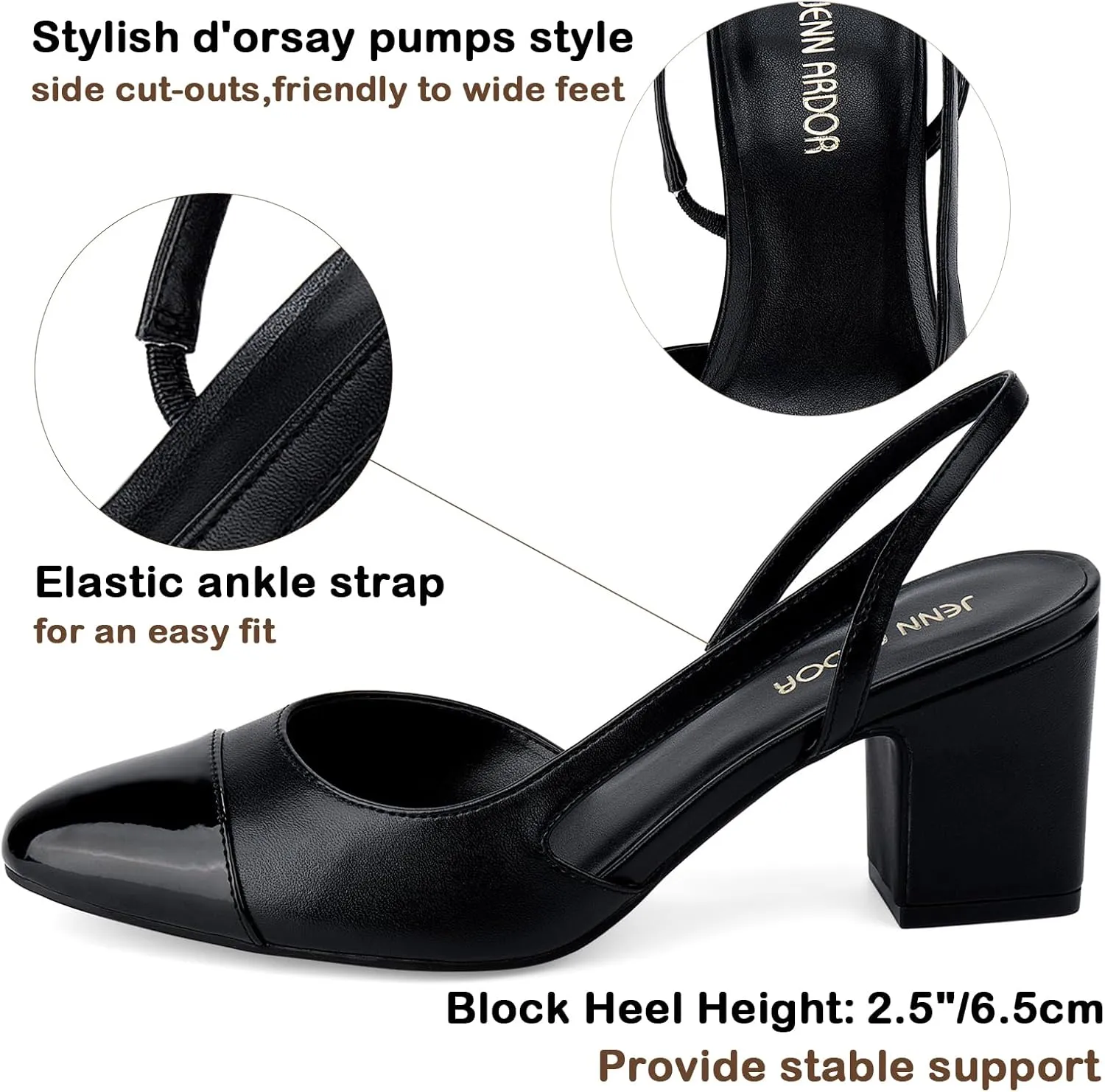 JENN ARDOR Closed Toe Chunky Heels Slingback Pumps Block Dress Shoes Women Comfort Classic Splicing Pointy Cap Toe Low Heels Sandals 2.5 inch for Wedding