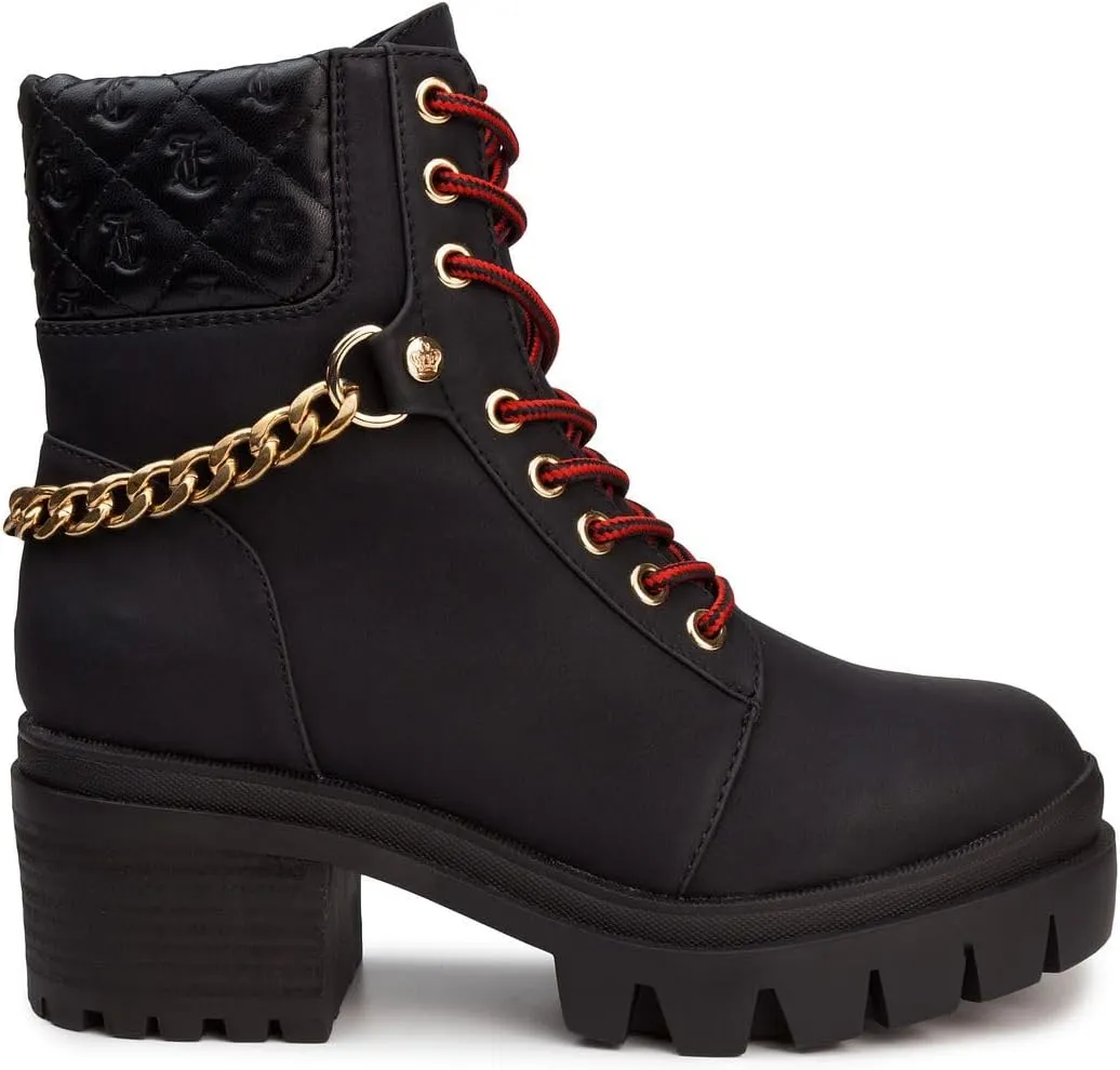 JUICY COUTURE Women's Lace Up Lug Sole Hiker Booties with Faux Fur Cuff, Winter Fashion Ankle Boots, Outdoor Hiking Shoes