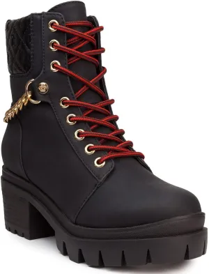 JUICY COUTURE Women's Lace Up Lug Sole Hiker Booties with Faux Fur Cuff, Winter Fashion Ankle Boots, Outdoor Hiking Shoes