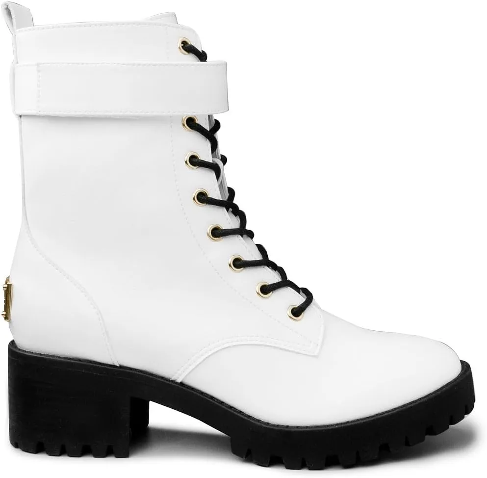 JUICY COUTURE Women's Lace Up Lug Sole Hiker Booties with Faux Fur Cuff, Winter Fashion Ankle Boots, Outdoor Hiking Shoes