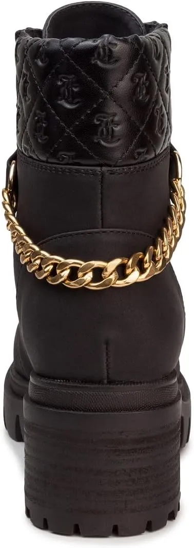 JUICY COUTURE Women's Lace Up Lug Sole Hiker Booties with Faux Fur Cuff, Winter Fashion Ankle Boots, Outdoor Hiking Shoes