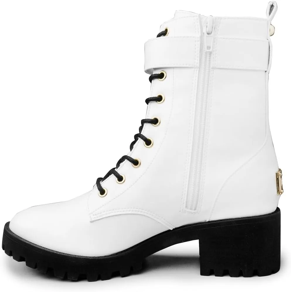JUICY COUTURE Women's Lace Up Lug Sole Hiker Booties with Faux Fur Cuff, Winter Fashion Ankle Boots, Outdoor Hiking Shoes