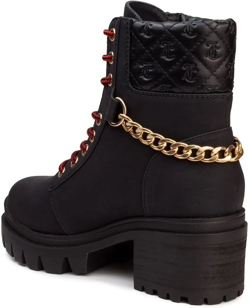 JUICY COUTURE Women's Lace Up Lug Sole Hiker Booties with Faux Fur Cuff, Winter Fashion Ankle Boots, Outdoor Hiking Shoes