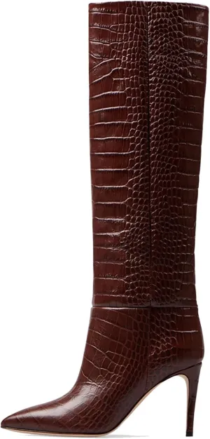 keleimusi Women's Knee High Boots in Crocodile Embossed Pointed Toe Stiletto Pull-on Shoes for Women
