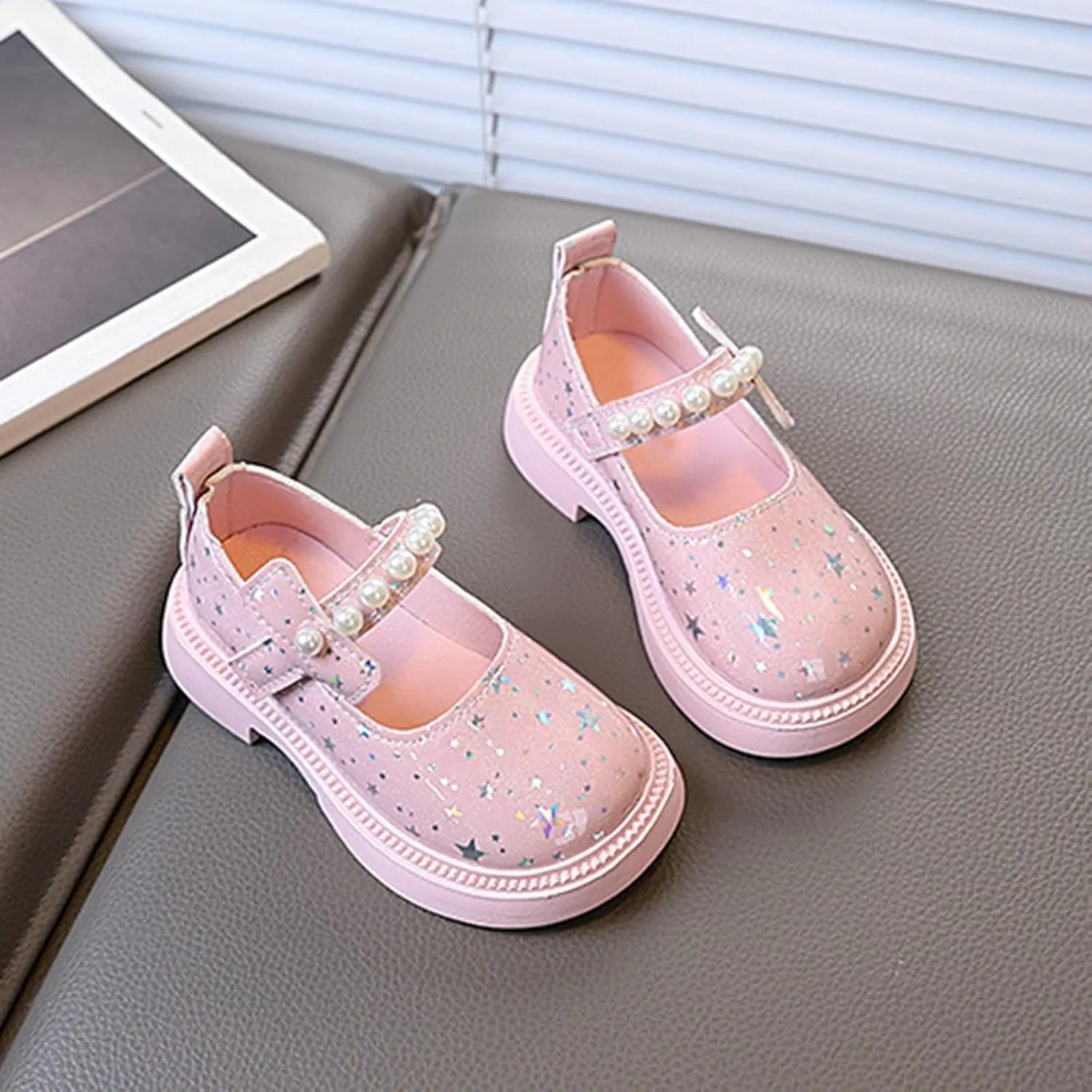 Kids Girls Star Sequins Beaded Strap Sandals School Uniform Rubber Sole Mary Jane Shoes Toddler Ankle Non Slip Sandals