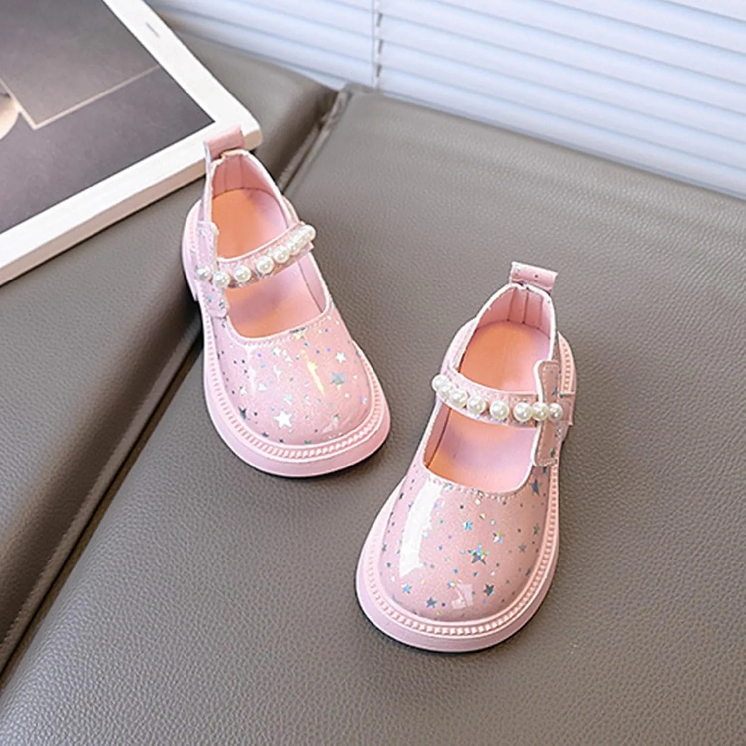 Kids Girls Star Sequins Beaded Strap Sandals School Uniform Rubber Sole Mary Jane Shoes Toddler Ankle Non Slip Sandals