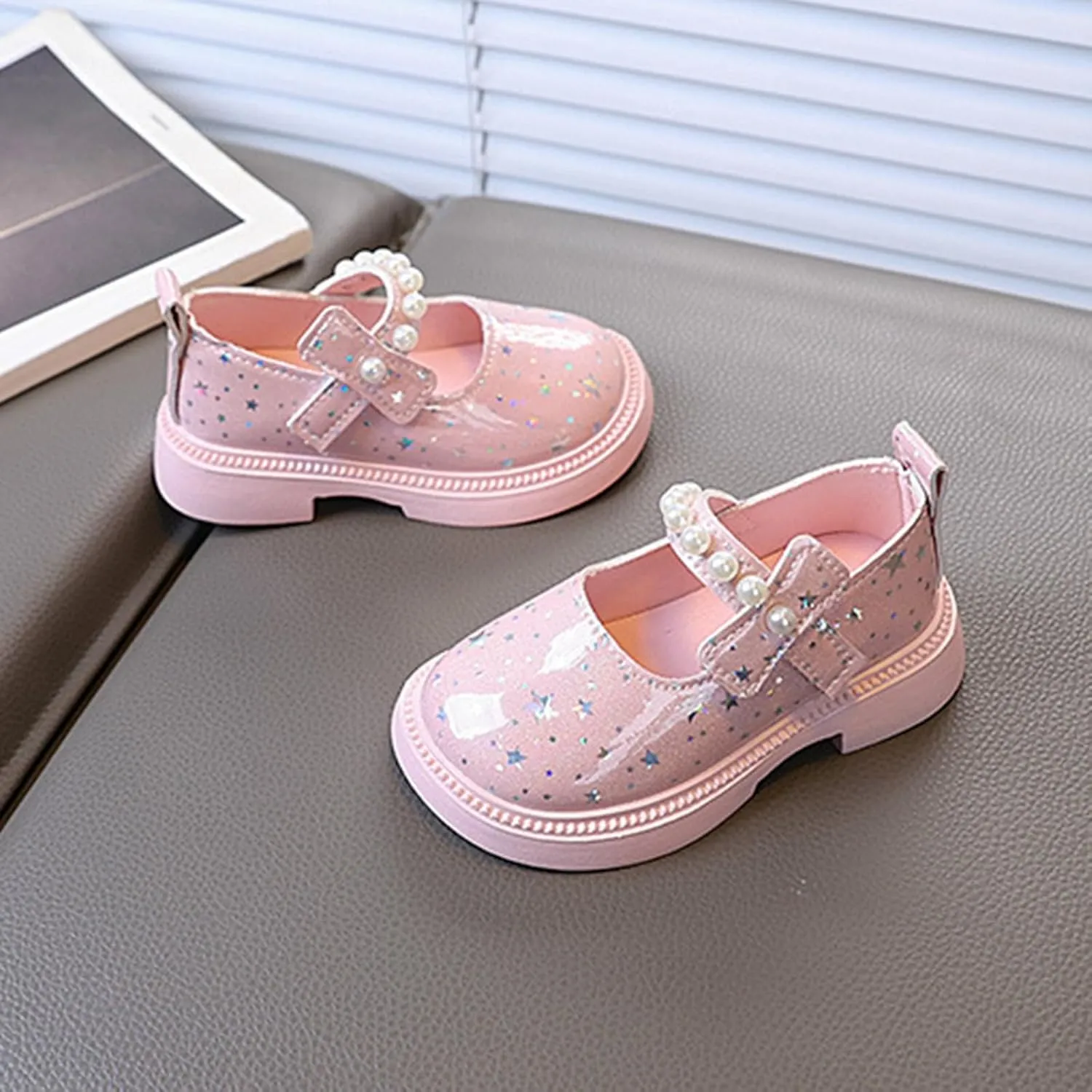 Kids Girls Star Sequins Beaded Strap Sandals School Uniform Rubber Sole Mary Jane Shoes Toddler Ankle Non Slip Sandals