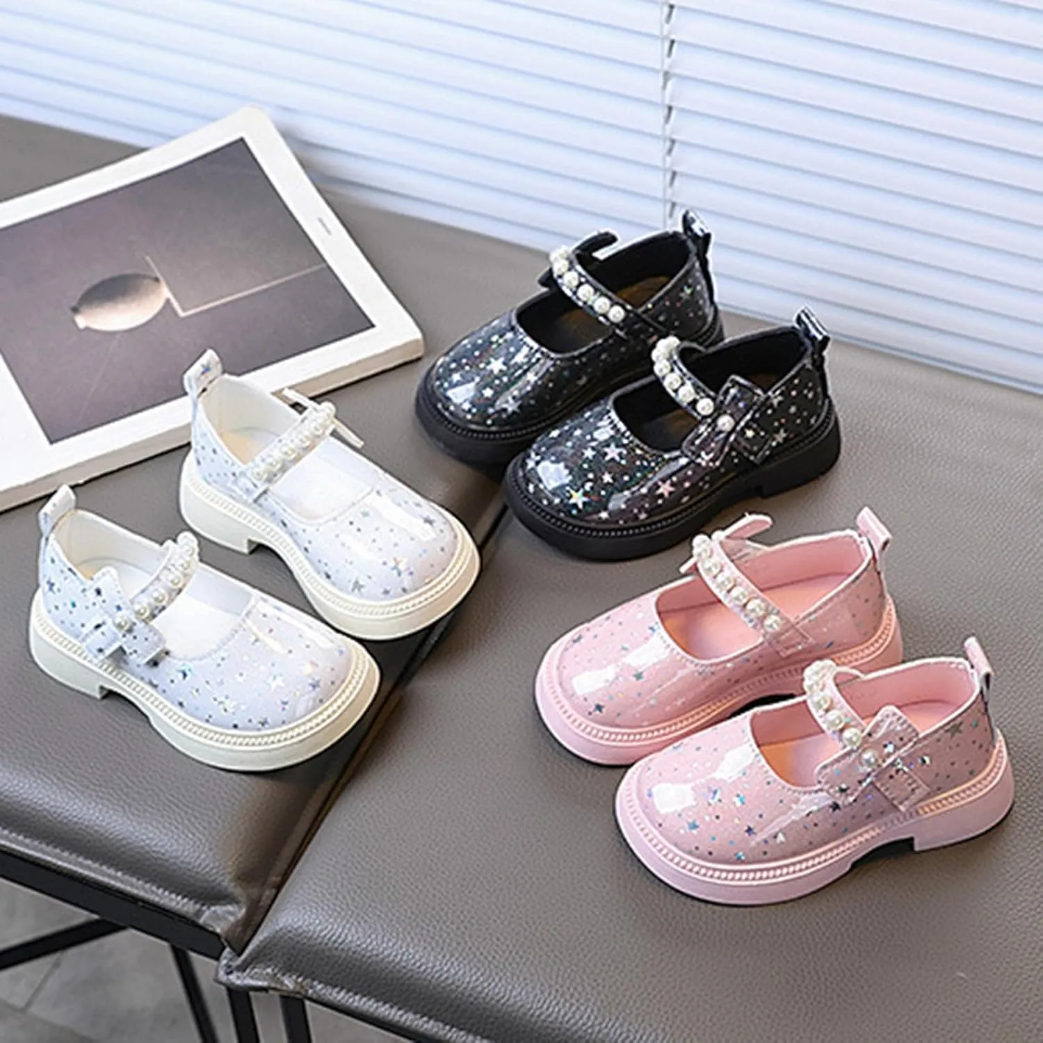 Kids Girls Star Sequins Beaded Strap Sandals School Uniform Rubber Sole Mary Jane Shoes Toddler Ankle Non Slip Sandals