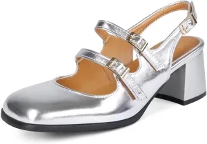 KISSASA Punk Goth Chunky Mary Janes Patent Leather Slingback Square Toe Pumps Metallic Heels