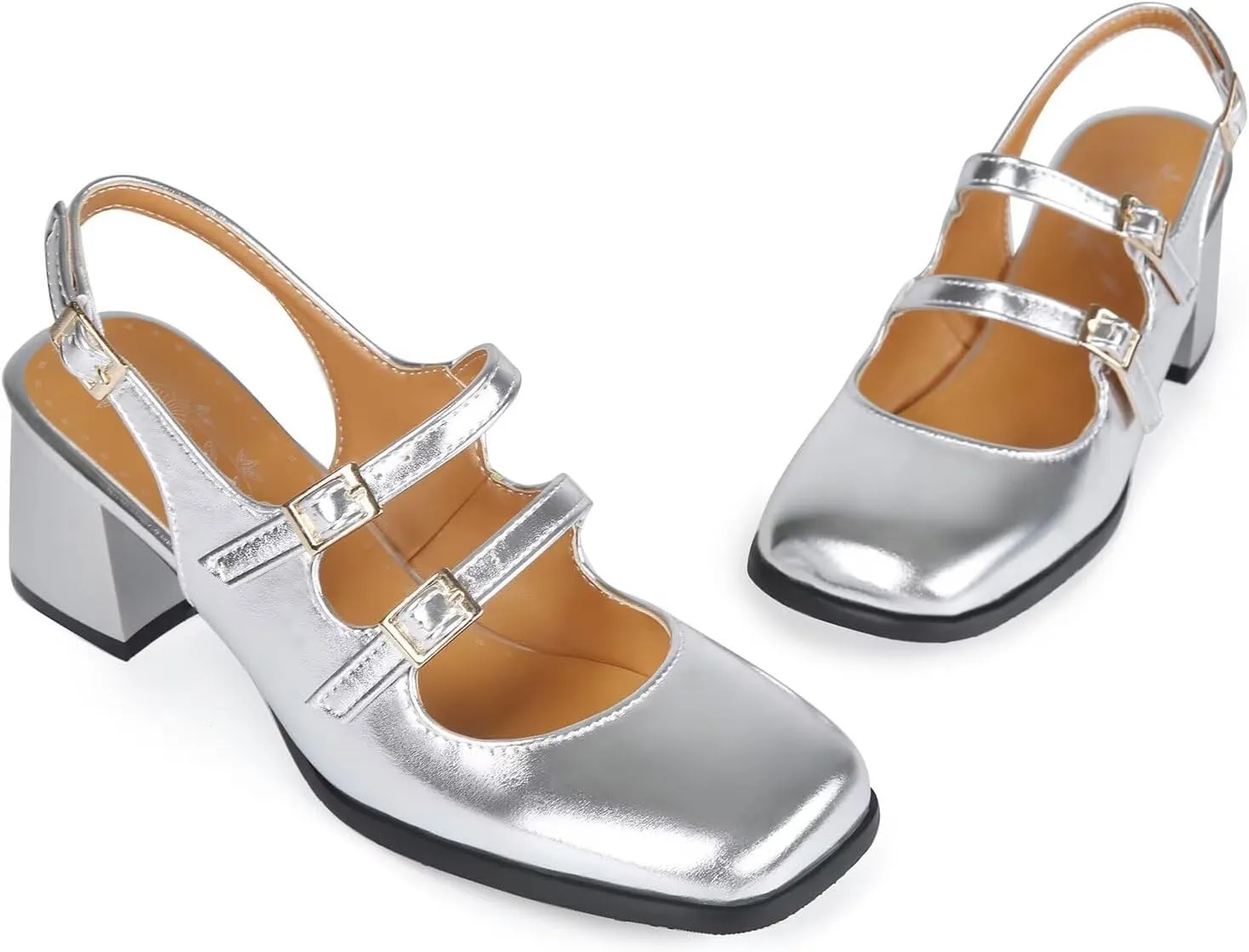 KISSASA Punk Goth Chunky Mary Janes Patent Leather Slingback Square Toe Pumps Metallic Heels