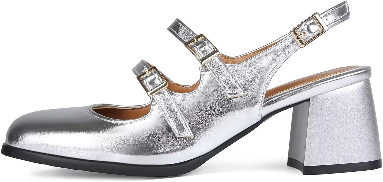 KISSASA Punk Goth Chunky Mary Janes Patent Leather Slingback Square Toe Pumps Metallic Heels