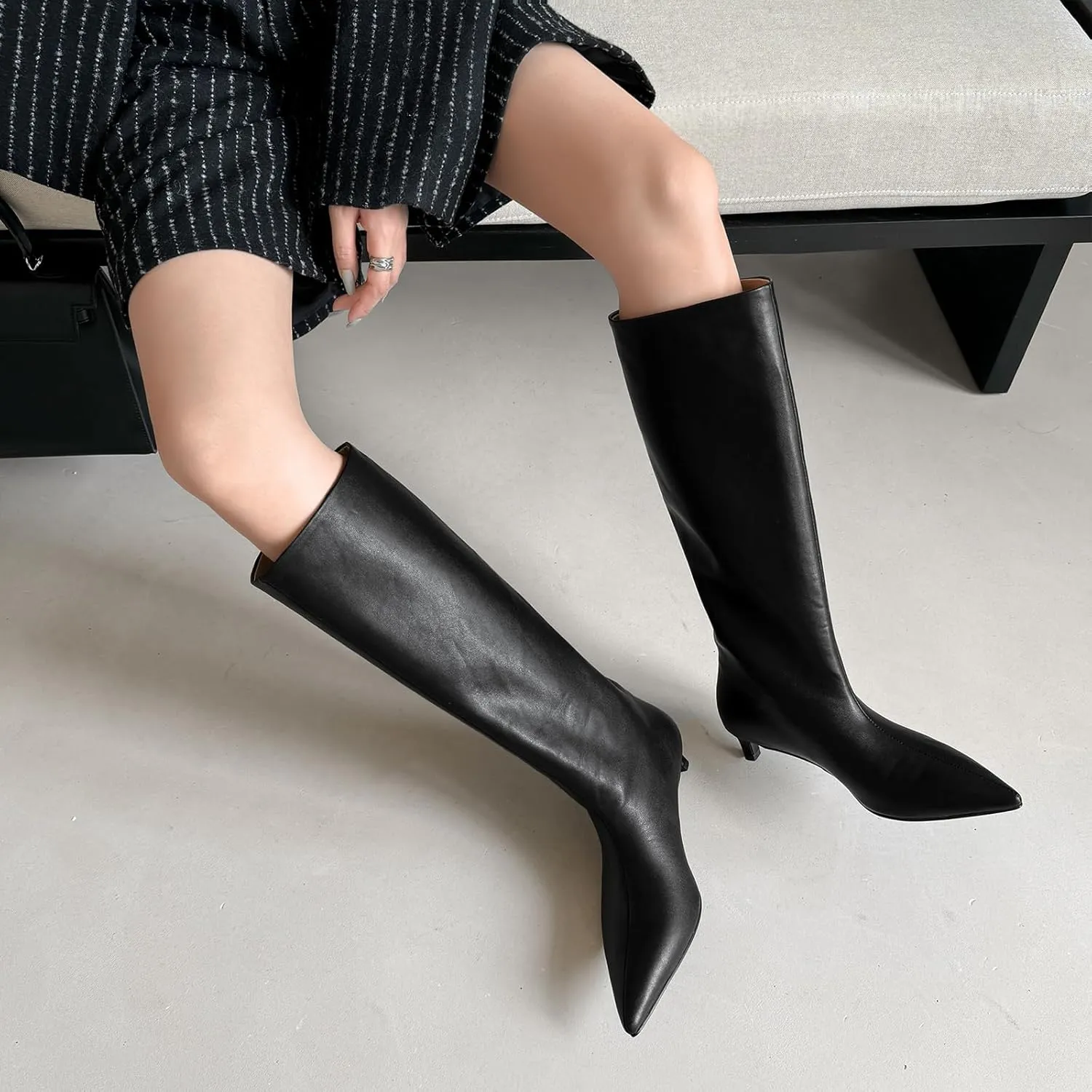 Kitten Heel Knee High Boots for Women, 1.5-in Stiletto Low Heel Long Boots Women Knee High, Womens Pull on Pointed Toe Tall Boots, Below the Knee Boots Faux Leather