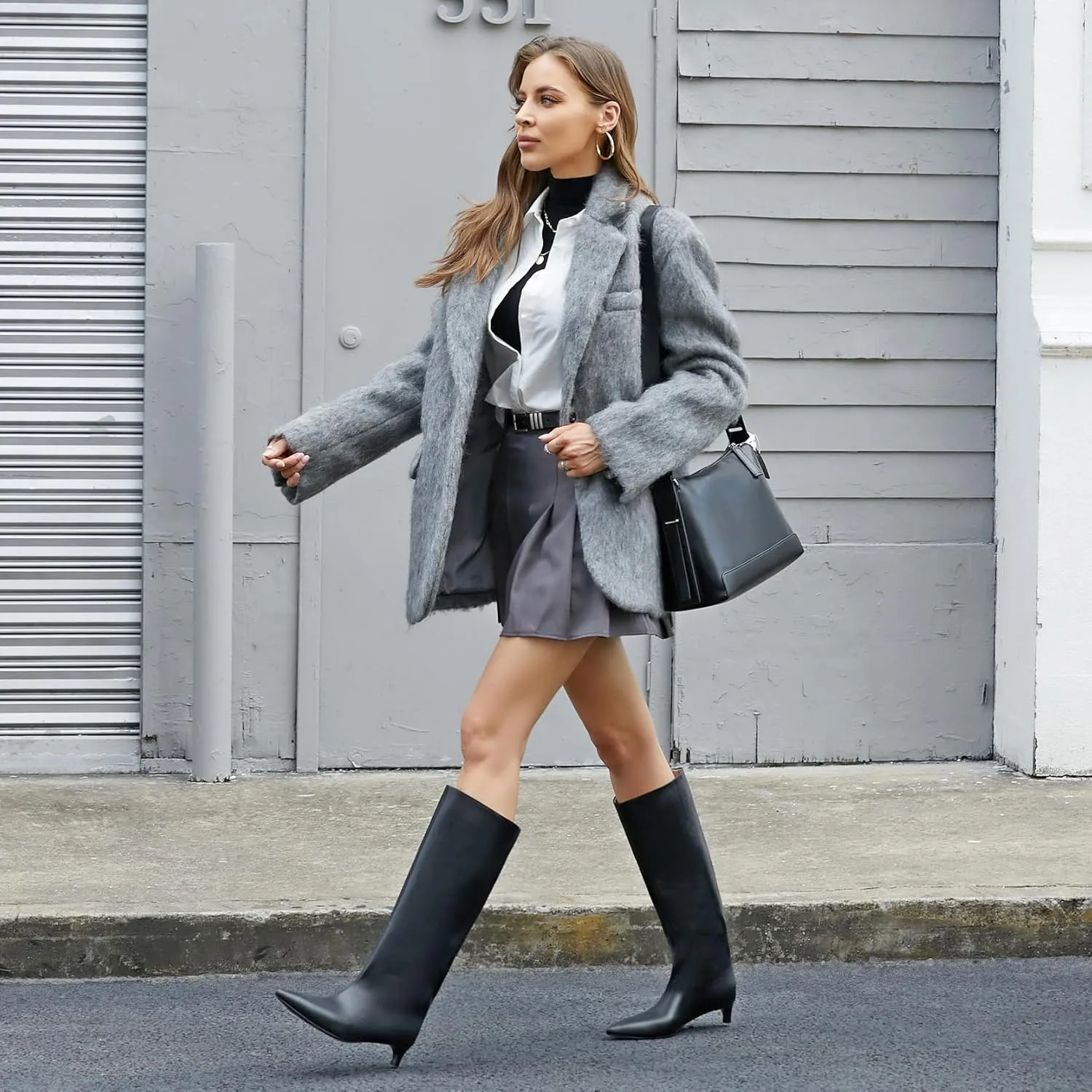 Kitten Heel Knee High Boots for Women, 1.5-in Stiletto Low Heel Long Boots Women Knee High, Womens Pull on Pointed Toe Tall Boots, Below the Knee Boots Faux Leather