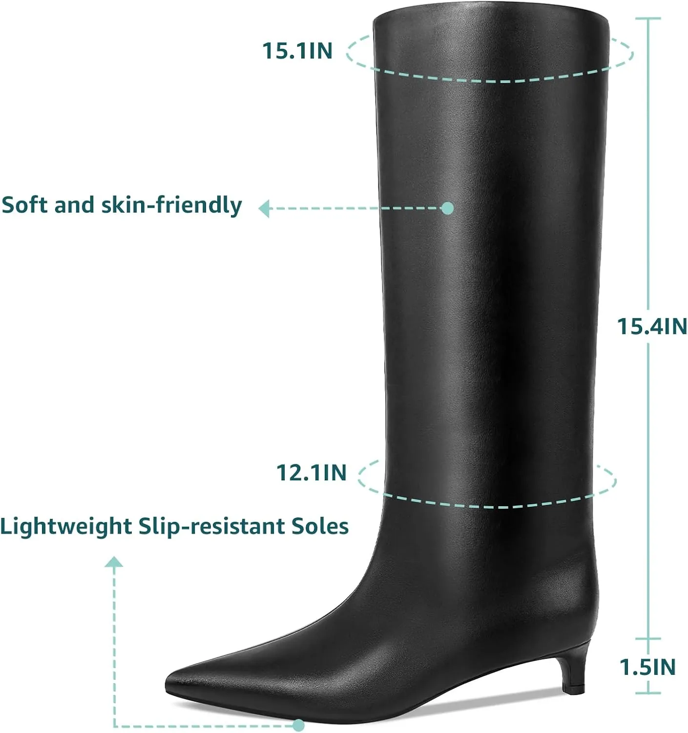 Kitten Heel Knee High Boots for Women, 1.5-in Stiletto Low Heel Long Boots Women Knee High, Womens Pull on Pointed Toe Tall Boots, Below the Knee Boots Faux Leather