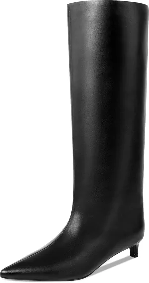 Kitten Heel Knee High Boots for Women, 1.5-in Stiletto Low Heel Long Boots Women Knee High, Womens Pull on Pointed Toe Tall Boots, Below the Knee Boots Faux Leather