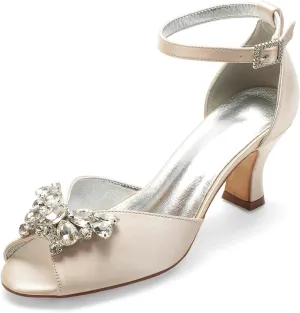 Kitten Heel Peep Toe Bridal Shoes with Bow Womens for Wedding Pumps Rhinestones Ankle Buckle High Heel Sandals Pointy Toe Evening Party Bride