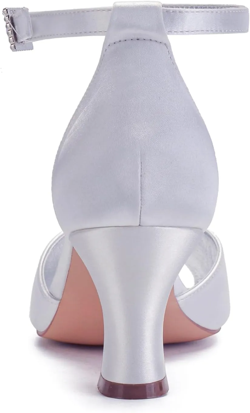 Kitten Heel Peep Toe Bridal Shoes with Bow Womens for Wedding Pumps Rhinestones Ankle Buckle High Heel Sandals Pointy Toe Evening Party Bride
