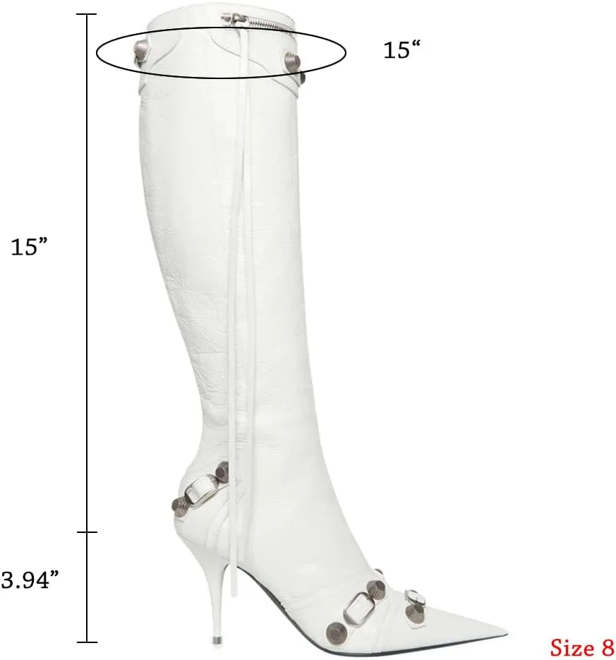 Kluolandi Women's Stiletto High Heel Knee High Boots with Tassel Pointy Toe Studded Zipper Booties Dress Shoes