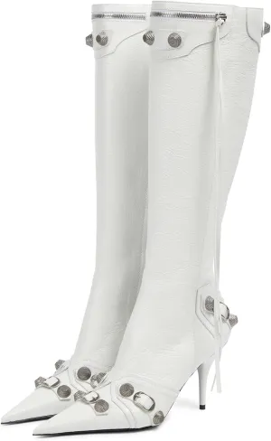 Kluolandi Women's Stiletto High Heel Knee High Boots with Tassel Pointy Toe Studded Zipper Booties Dress Shoes