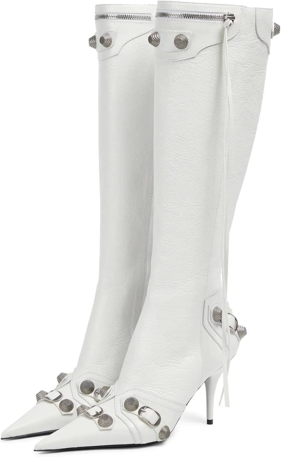 Kluolandi Women's Stiletto High Heel Knee High Boots with Tassel Pointy Toe Studded Zipper Booties Dress Shoes