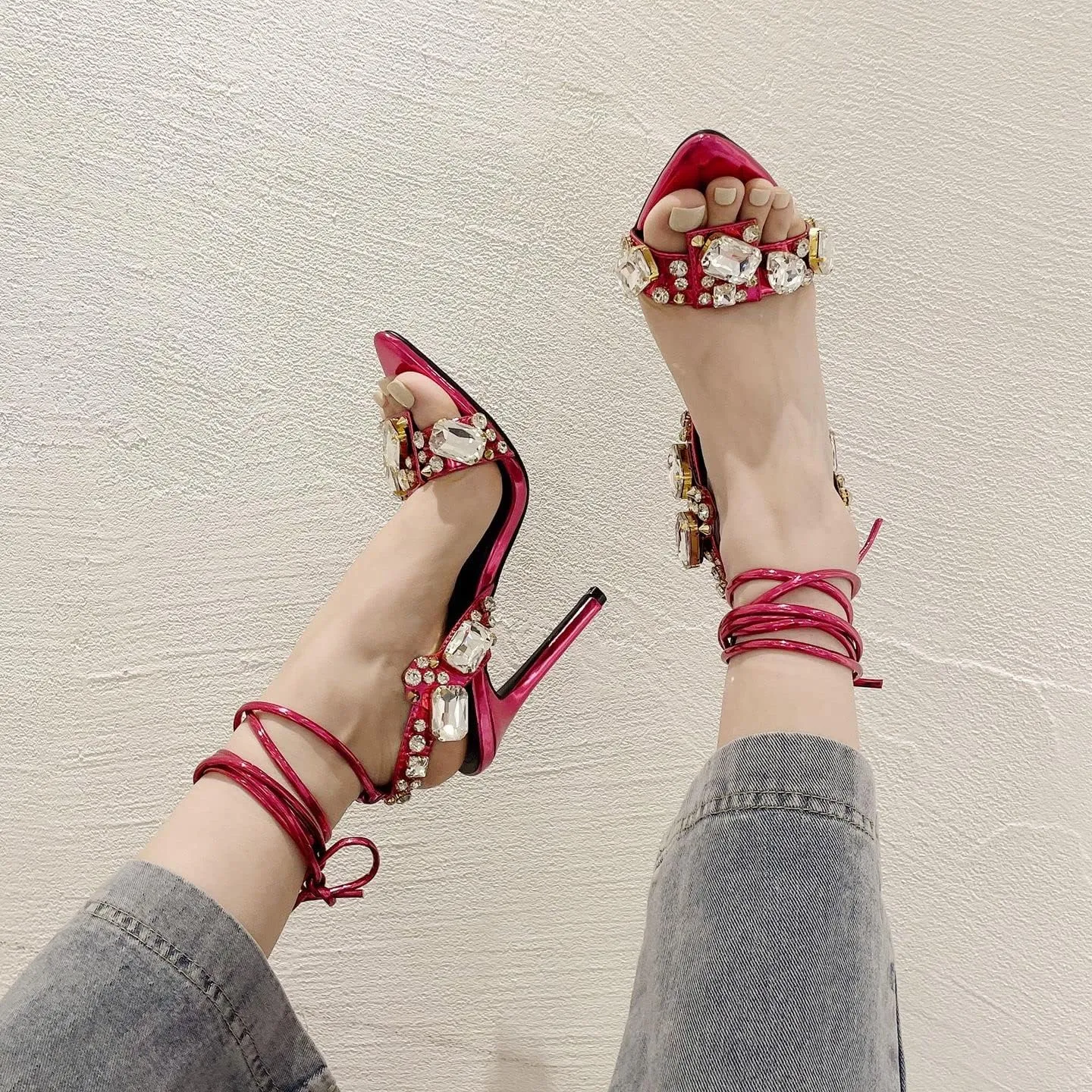 Kluolandi Women's Strappy Stiletto Heels with Crystal Lace Up Gladiator Sexy Open Toe High Heeled Sandals Gold Heels for Women