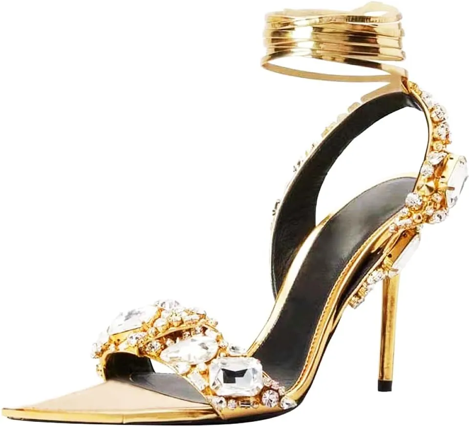 Kluolandi Women's Strappy Stiletto Heels with Crystal Lace Up Gladiator Sexy Open Toe High Heeled Sandals Gold Heels for Women