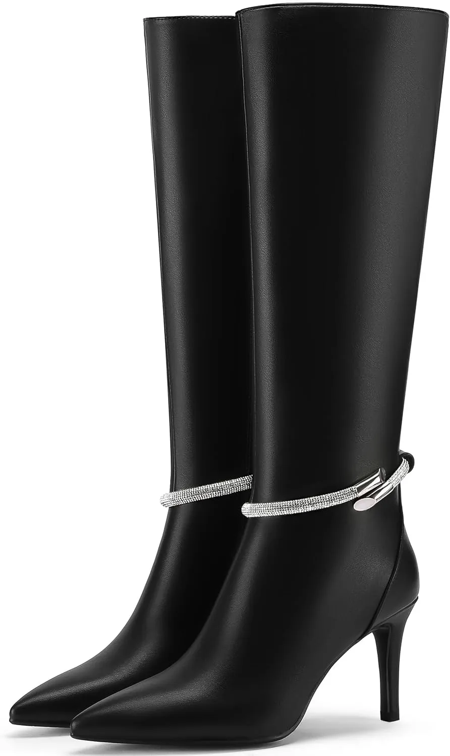 Knee High Boots for Women Stiletto High Heel Pointed Toe Long Boots Sparkly Rhinestone Decoration Side Zipper Dress Tall Boots