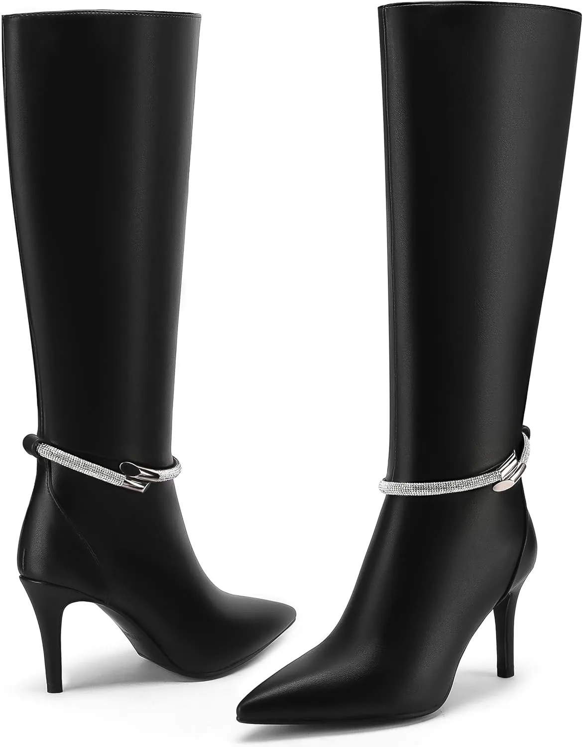 Knee High Boots for Women Stiletto High Heel Pointed Toe Long Boots Sparkly Rhinestone Decoration Side Zipper Dress Tall Boots