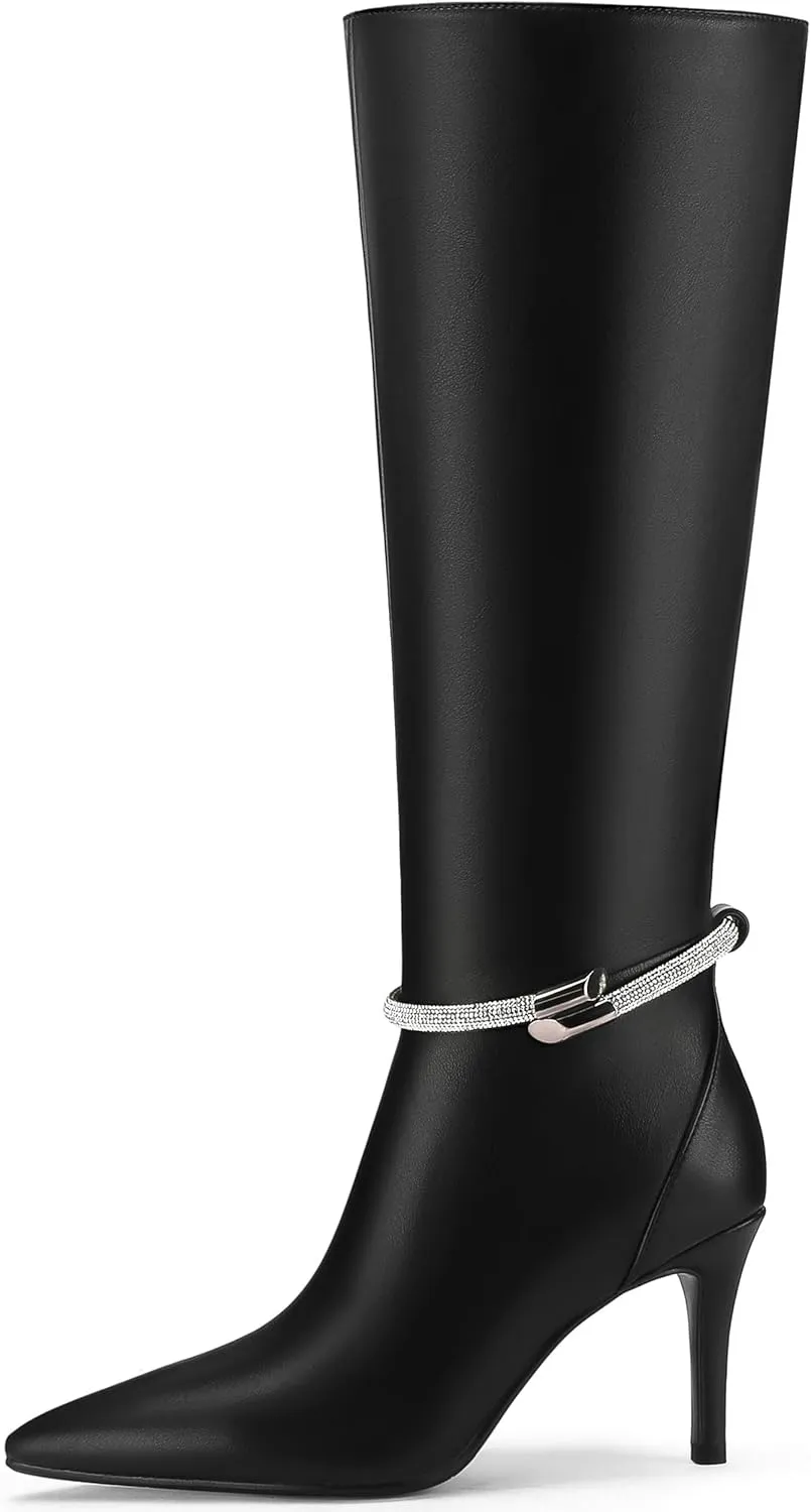 Knee High Boots for Women Stiletto High Heel Pointed Toe Long Boots Sparkly Rhinestone Decoration Side Zipper Dress Tall Boots