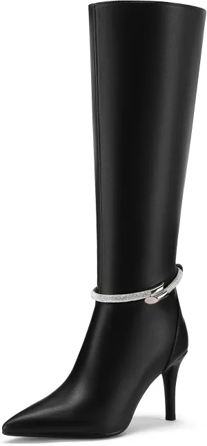 Knee High Boots for Women Stiletto High Heel Pointed Toe Long Boots Sparkly Rhinestone Decoration Side Zipper Dress Tall Boots