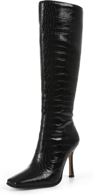 Knee High Boots, Women Thigh High Tall Leather Square Toe 3.74 In Stiletto Heel Sexy Fashion Side Zipper Fall Winter Long Boots