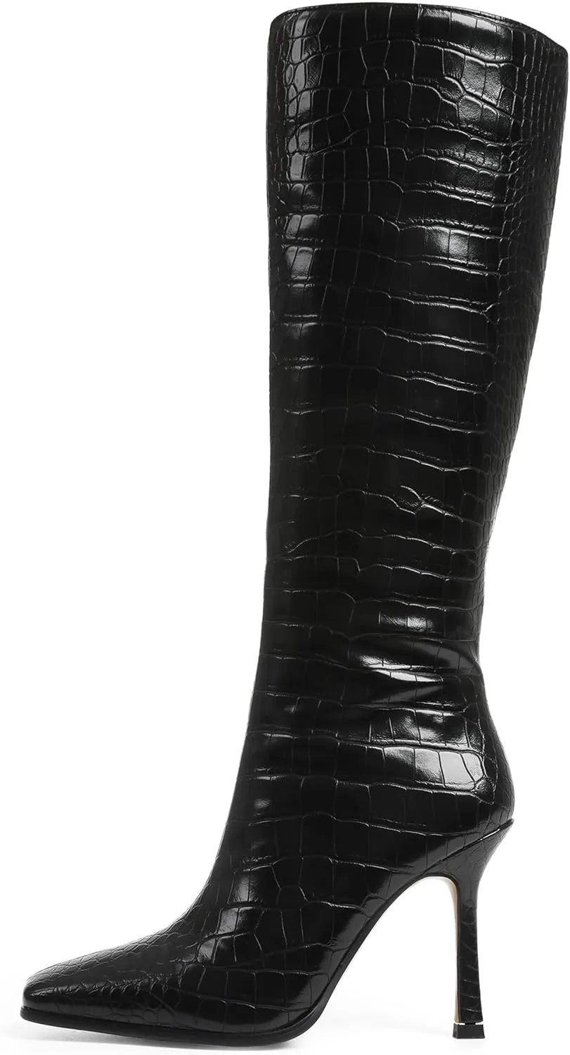 Knee High Boots, Women Thigh High Tall Leather Square Toe 3.74 In Stiletto Heel Sexy Fashion Side Zipper Fall Winter Long Boots