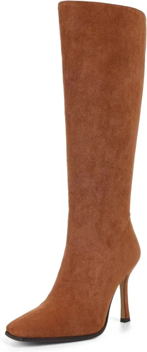 Knee High Boots, Women Thigh High Tall Leather Square Toe 3.74 In Stiletto Heel Sexy Fashion Side Zipper Fall Winter Long Boots