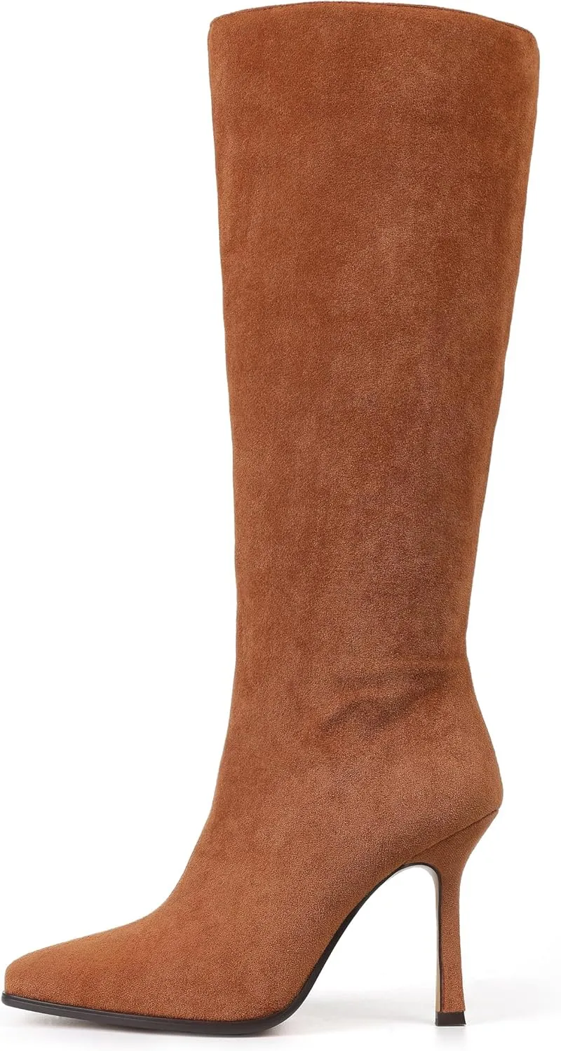 Knee High Boots, Women Thigh High Tall Leather Square Toe 3.74 In Stiletto Heel Sexy Fashion Side Zipper Fall Winter Long Boots