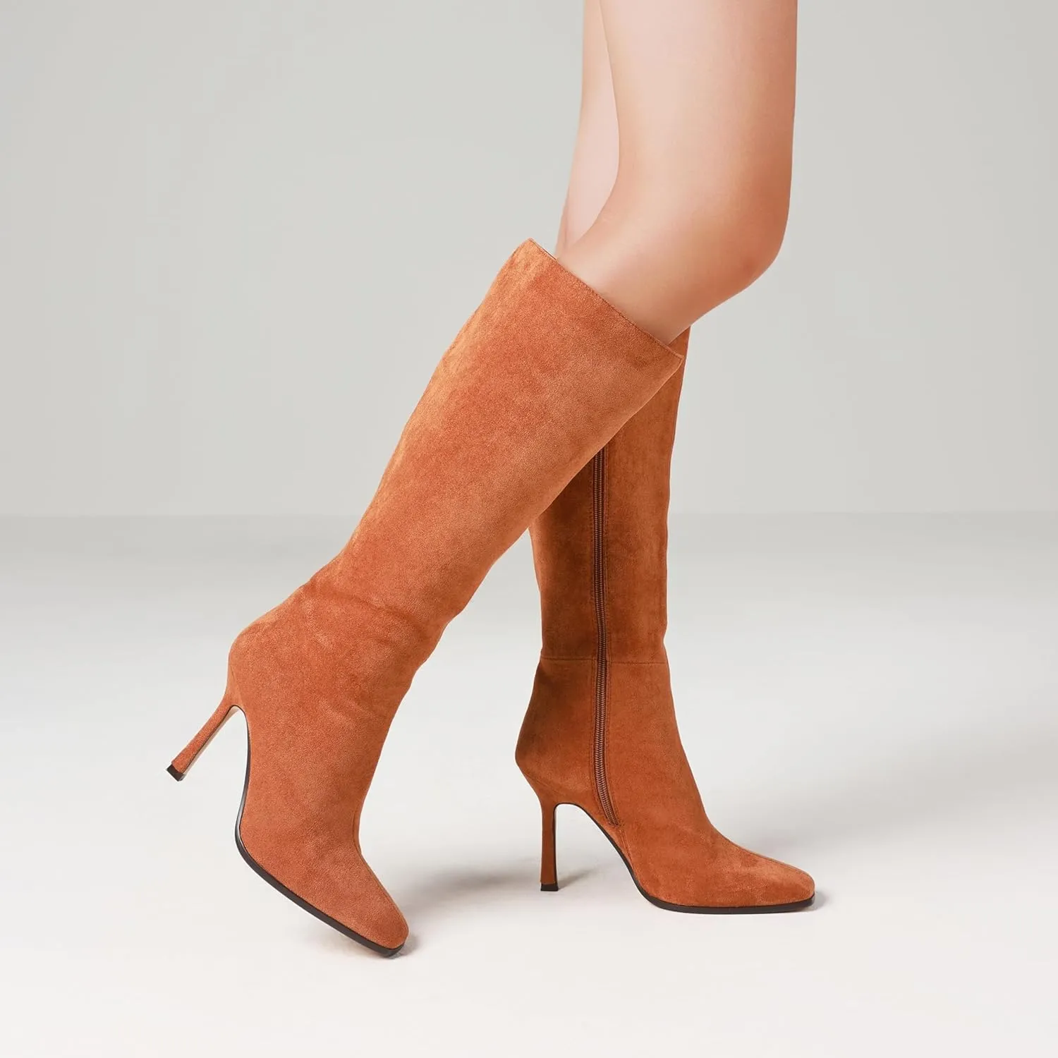 Knee High Boots, Women Thigh High Tall Leather Square Toe 3.74 In Stiletto Heel Sexy Fashion Side Zipper Fall Winter Long Boots